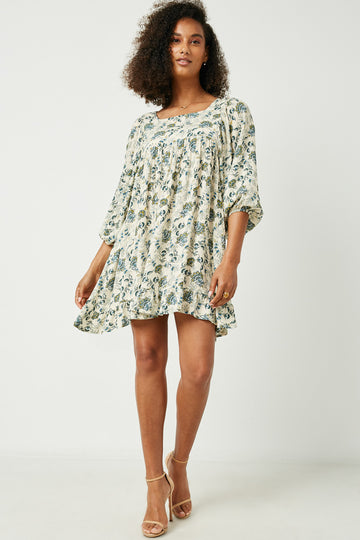 HY2823 Ivory Womens Balloon Sleeve Ruffle Hem Tunic Dress Side